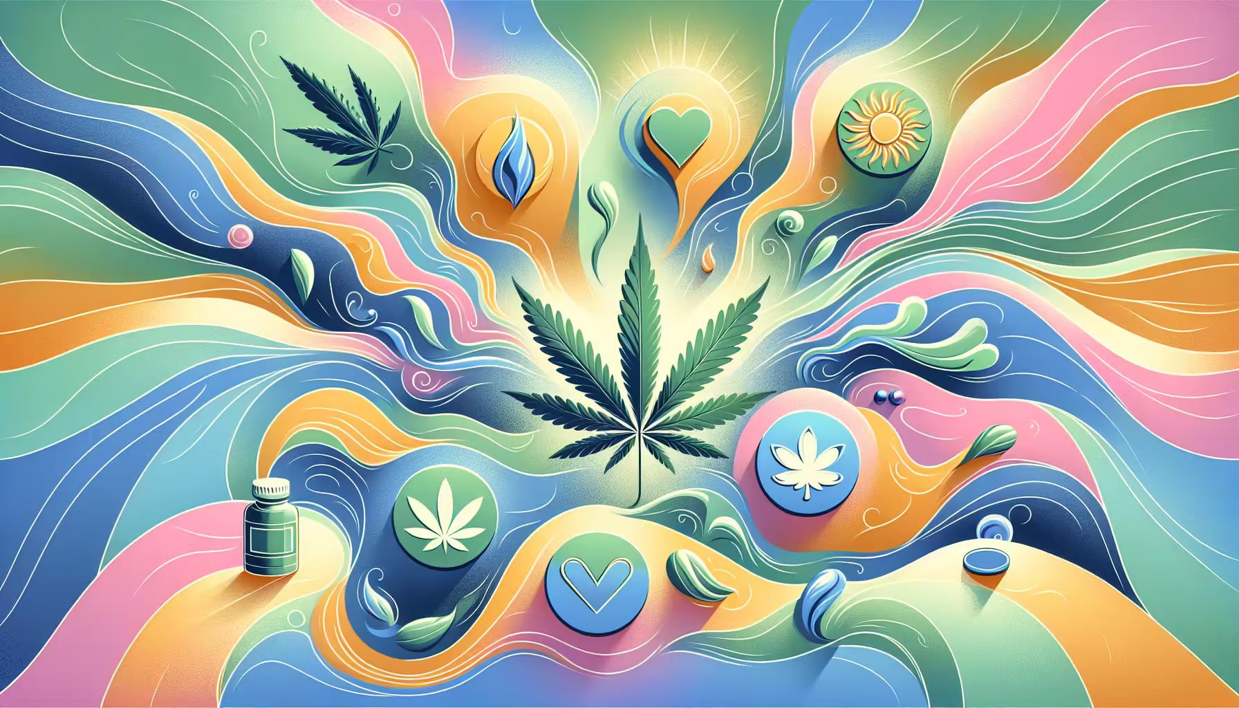 A psychadelic type wallpaper with a variety of colors flowing in the background and highlights of cannabis type icons.